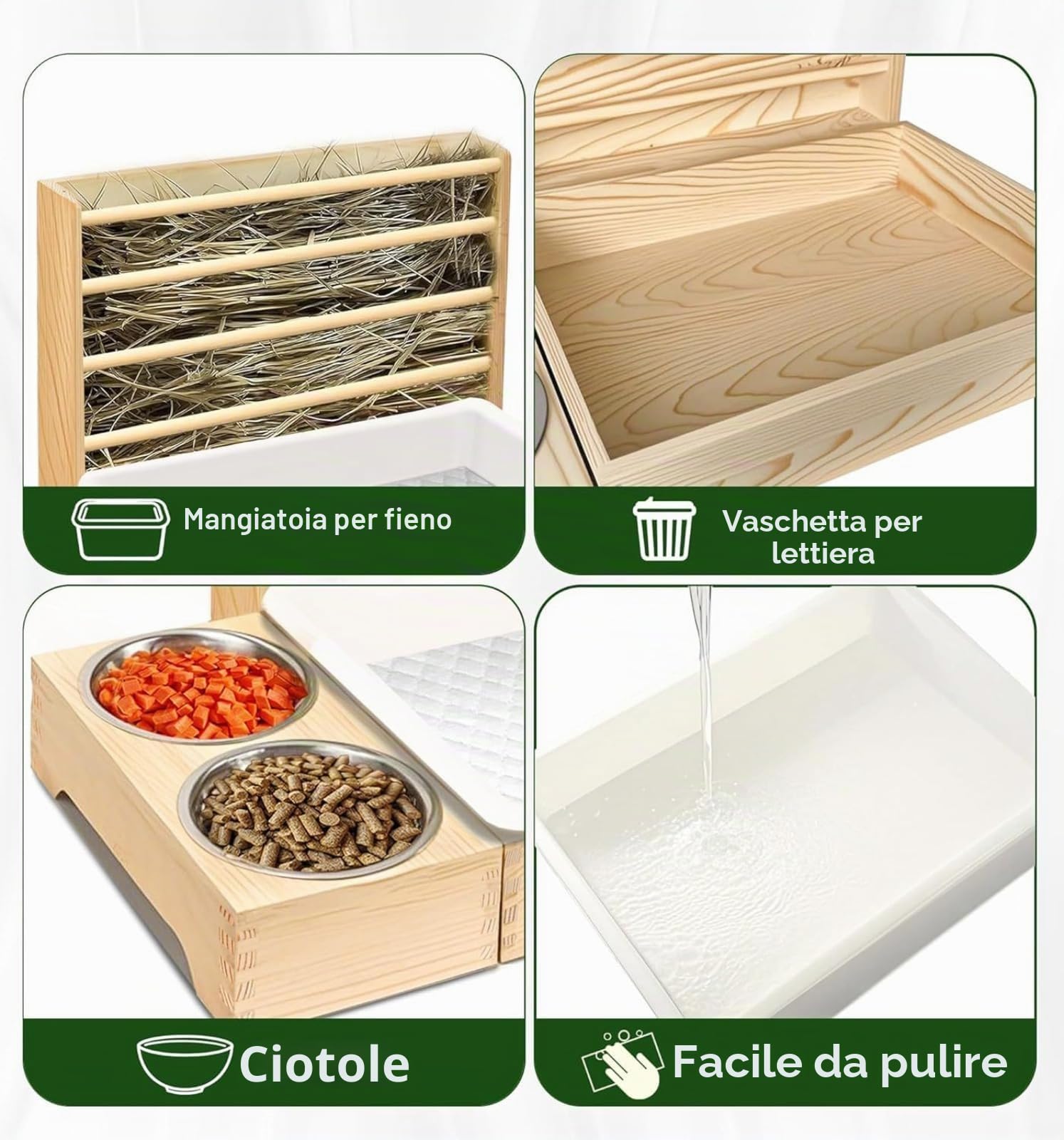 Distributore di alimenti tre in uno in legno per conigli, dispenser per fieno, con ciotole, accessori per gabbie, casseruola, porcellini d'India, alimentatore per topi