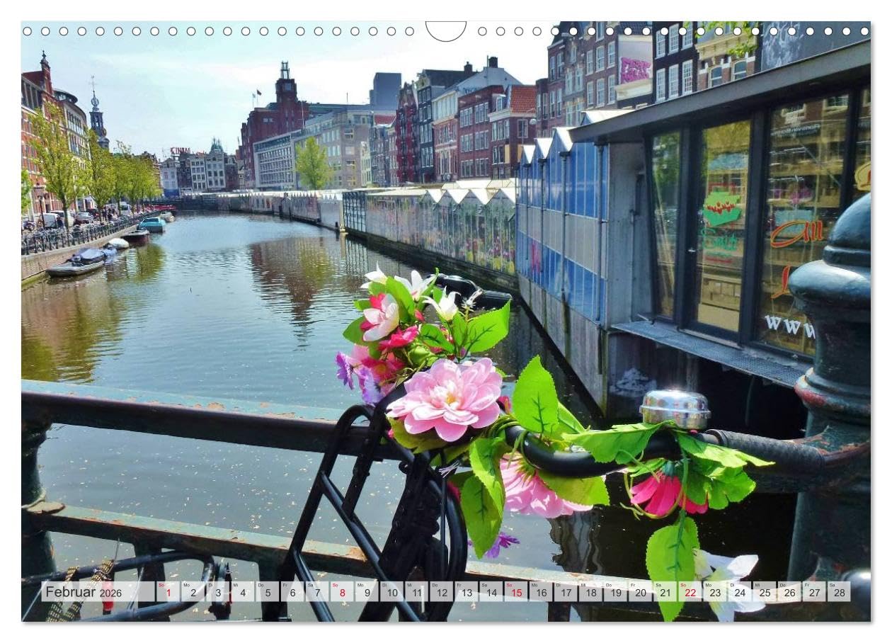 Amsterdam (Wandkalender 2026 DIN A3 quer), CALVENDO Monatskalender: Amsterdam - Grachten, Hausboote, Fahrräder, Blumen