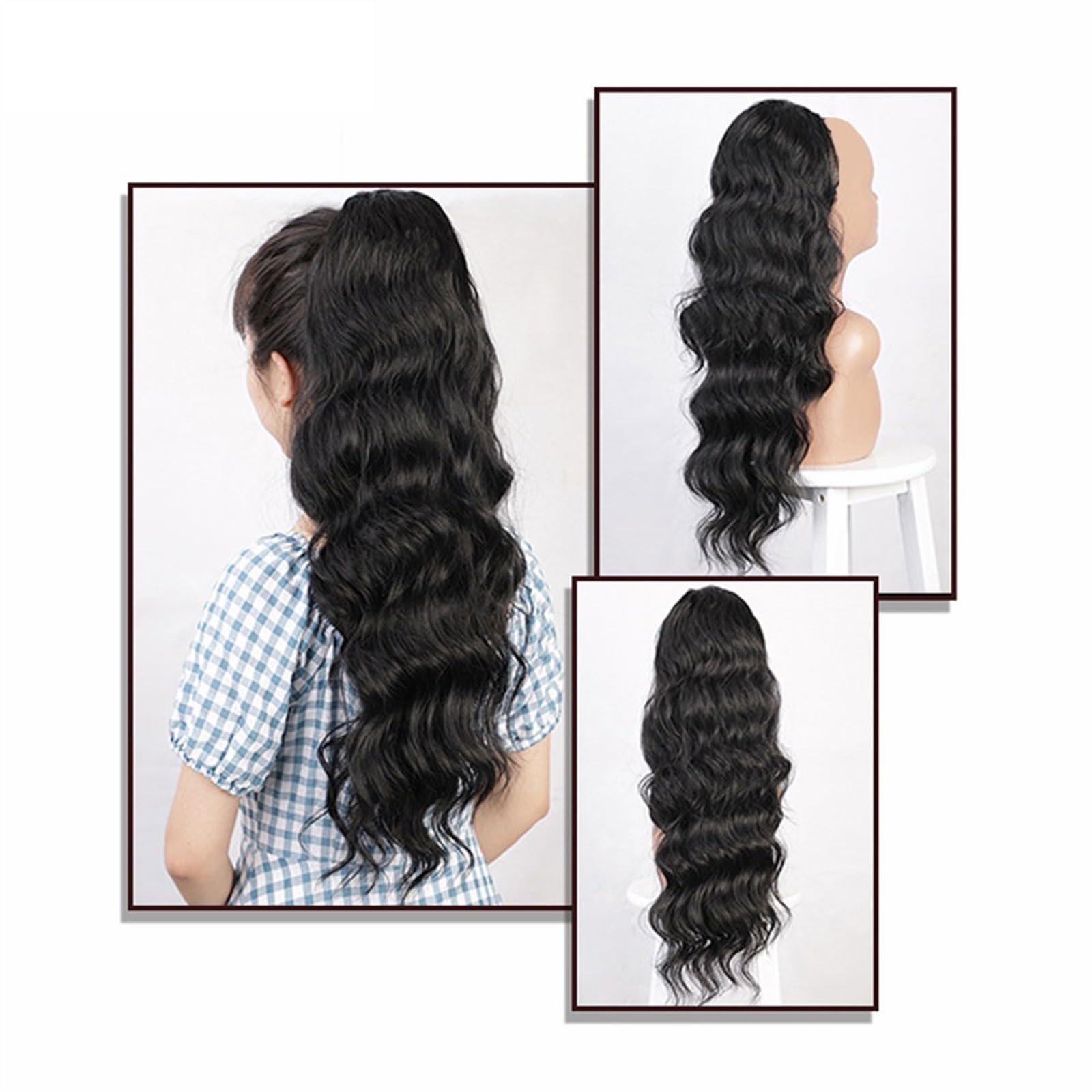 Przedłużenie kucyka Body Wave dla kobiet Długie faliste kucyk Ludzkie włosy spinka do ściągania w treski Czarna fala doczepiana Afroamerykanin Kucyk do codziennego użytku(22inches)