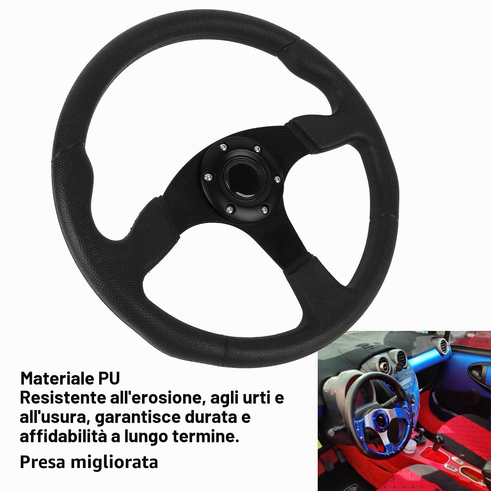 Volante Sportivo Universale 14 Pollici in Pelle PU con Cornice in Alluminio, 6 Fori, Nero, per Auto Racing