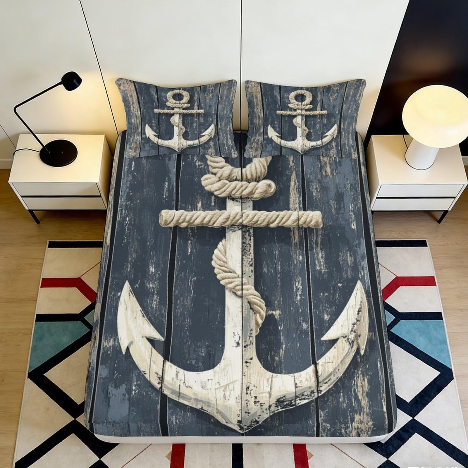 3D Printed Nautical Anchor Fitted Sheet Microfiber Soft Durable Rope Pattern Bed Cover for Bedroom Dormitory Guest Room Mattress Protection 180x200x25cm