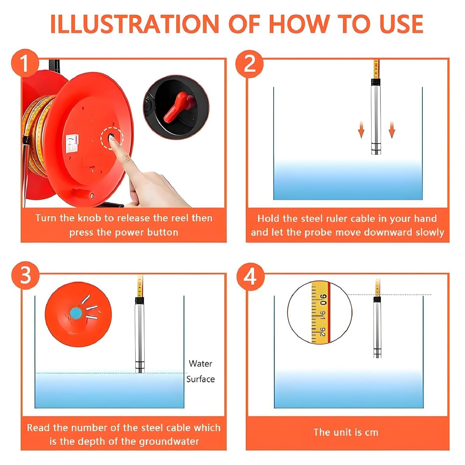 Medidor de nivel de agua con alertas audiovisuales, sonda de alta precisión para pozos y perforaciones, medidor de profundidad portátil