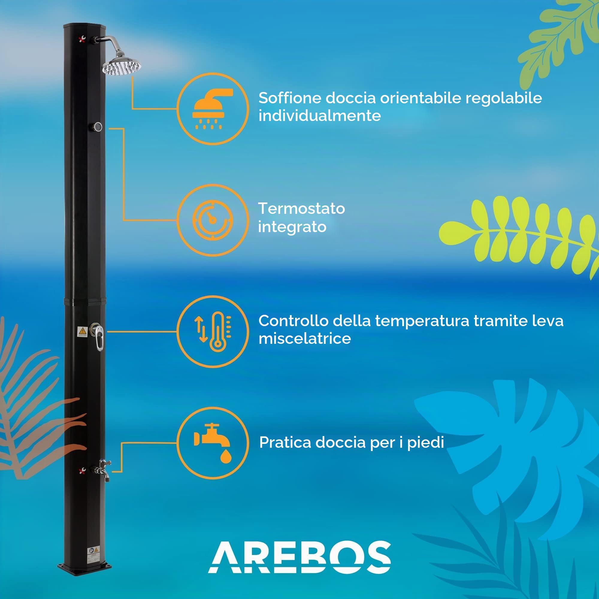Arebos Doccia solare 35L & elemento a pavimento | con termometro integrato & doccia per i piedi | incl. Copertina | doccia per il giardino | temperatura dell'acqua fino a 60°C