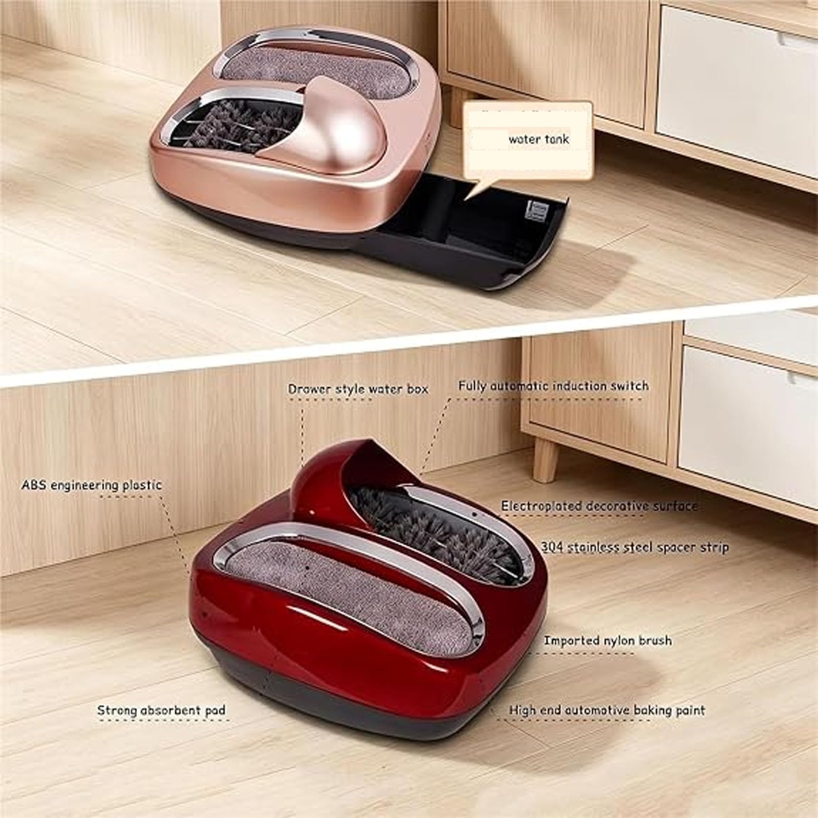Máquina Inteligente para La Limpieza De Suelas, Limpiadora Y Pulidora De Zapatos Automática por Inducción con Almohadilla Absorbente De Agua, Bandeja De Agua Extraíble Y Gold