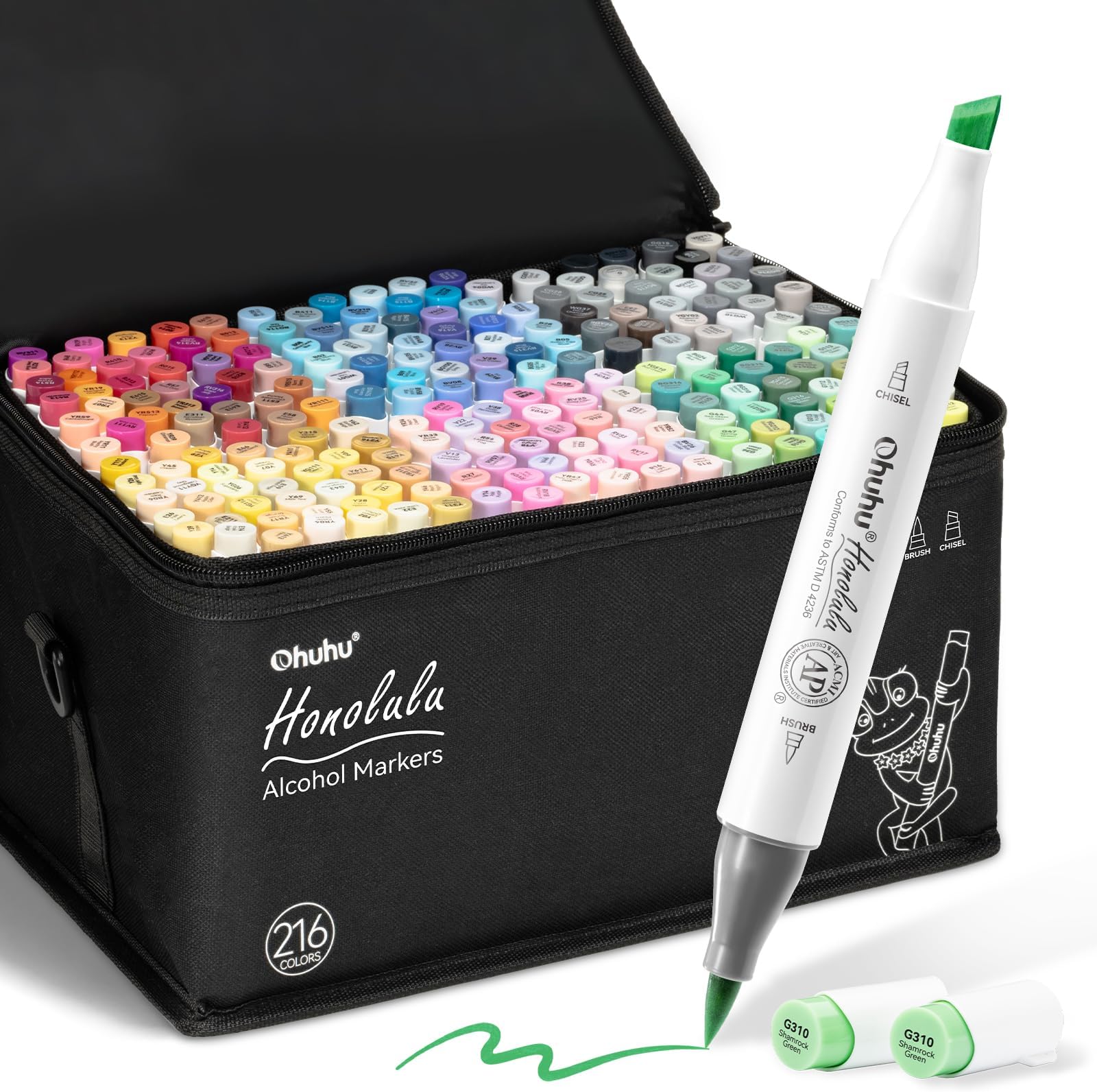 Ohuhu Alcohol Art Markers Set, 216-color Double Tipped Brush & Chisel Sketch Marker, Alcohol-based Brush Markers, Comes w/ 1 Blender for Sketching, Adult Coloring, and Illustration -Honolulu Series