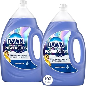سائل صابون الأطباق Dawn Platinum Plus PowerSuds، سائل غسيل الأطباق، منظف الأطباق، رائحة المطر المنعشة، عبوة من قطعتين سعة 51.5 أونصة