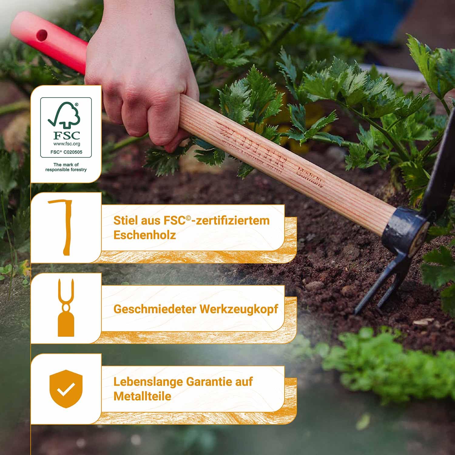 ADLER "Lily" zappa da giardino a 2 denti – Acciaio forgiato C45 manico in frassino (S/M/L) – Made in Germany – Per allentare e scavare – Legno FSC®, durevole e di alta qualità (bianco/marrone, L