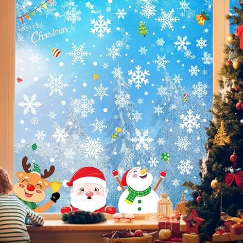 JOOLESER Stickers Noël Fenêtre 266 PCS, Autocollant de Fenetre Flocon de Neige, Décoration Vitrine Blanc, Vitre Gommettes de Sapin Noël et Père Noël, Deco Electrostatique Amovible Reutilisable Cover