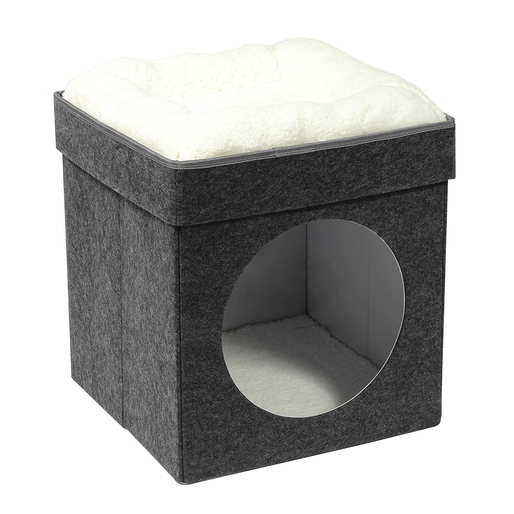 Bonlife Foldable Large Cat Beds for Indoor,Pet Tent Bed House with Removable Cushion,Warm Comfortable Semi-Enclosed Cat Hideaway,Grey,45X45X50CM