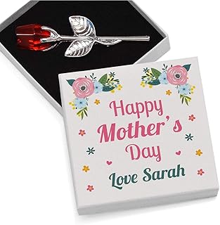 CUSTOM Happy Mothers Day Gifts from Son Daughter - PERSONALISED Happy Mothers Day Red Rose Gifts for Mummy, Mum, Nanny, Granny, Mom, Mam - Crystal Glass Rose Keepsake for Her