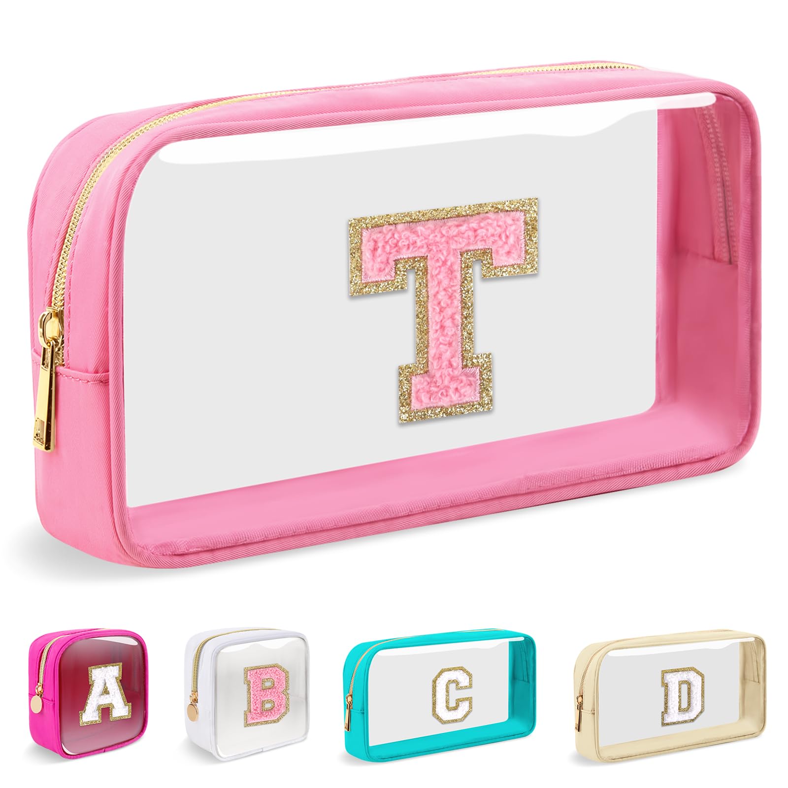Small Clear Personalized Initial Makeup Bag, Preppy Nylon A-Z Chenille Letter Patch Makeup Organizer TSA Approved Travel Toiletry Bag,Waterproof Zip
