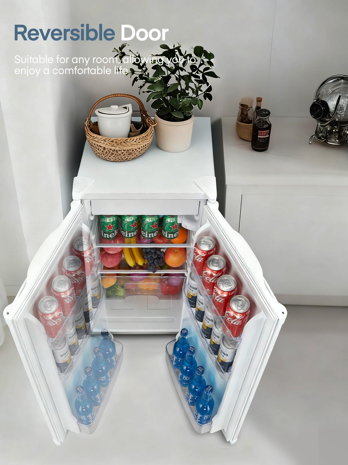 FOHERE Frigorifero Piccolo 91L con Freezer, Frigorifero Monoporta, Silenzioso, 7 Termostato Regolabile, Scomparto per Verdure, Mini Frigo da Ufficio, Camera, Bianco