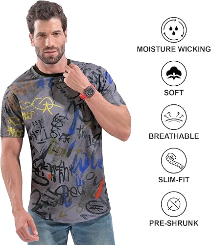 Miniatura 5 de DEOLAX Camiseta de moda con cuello redondo para hombre, camiseta casual de ajuste seco, camiseta de manga corta, para entrenamiento, hip hop, para