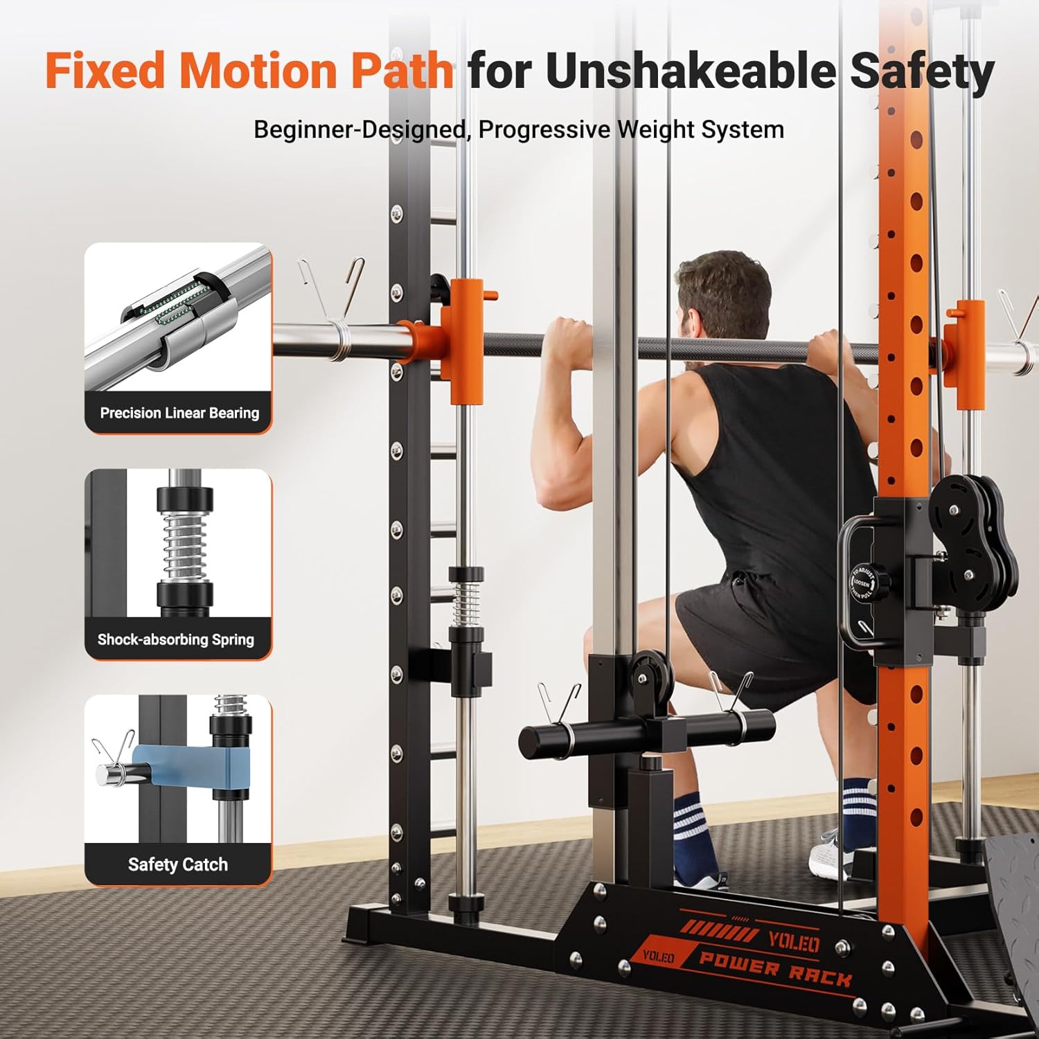 YOLEO Smith Machine & Squat Rack Combo, Multi-Functional Power Racks with Adjustable Width & Pull-Up Bar, Cable Crossover Power Cage, Independent Dual-Pulley System for Home Gym Garage Basement