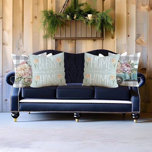 Miniatura 3 de Juego de 4 fundas de almohada de primavera y verano de 18 x 18 pulgadas, diseño de flores de búfalo a cuadros, peonía, camión, flores, flores,