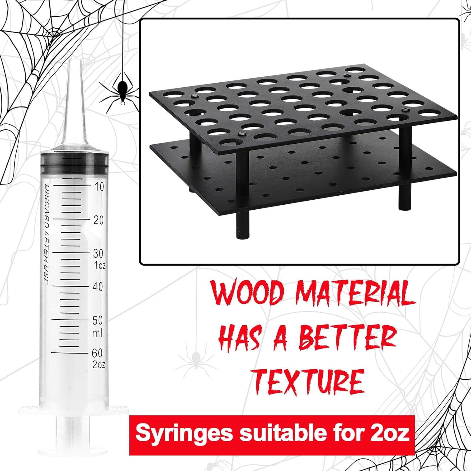 Geelin Syringe Holder Tray and Racking Stand for 42 Large 2oz Syringes Lightweight Wooden Jelly Tray Holds for Holiday Halloween Party Supplies Adults