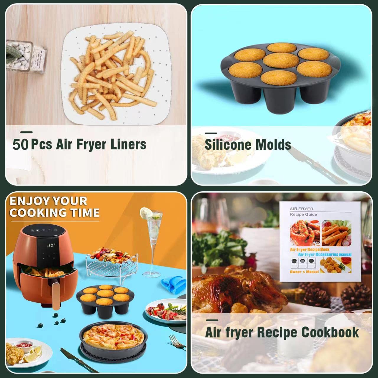Air Fryer Accessories for Ninja Gourmia COSORI 3.6 4.2 5.8QT Square Air Fryer with Cake Barrel Pizza Pan Cupcake Pan Metal Holder Skewer Rack Silicone Mat Food Tong Oil Brush