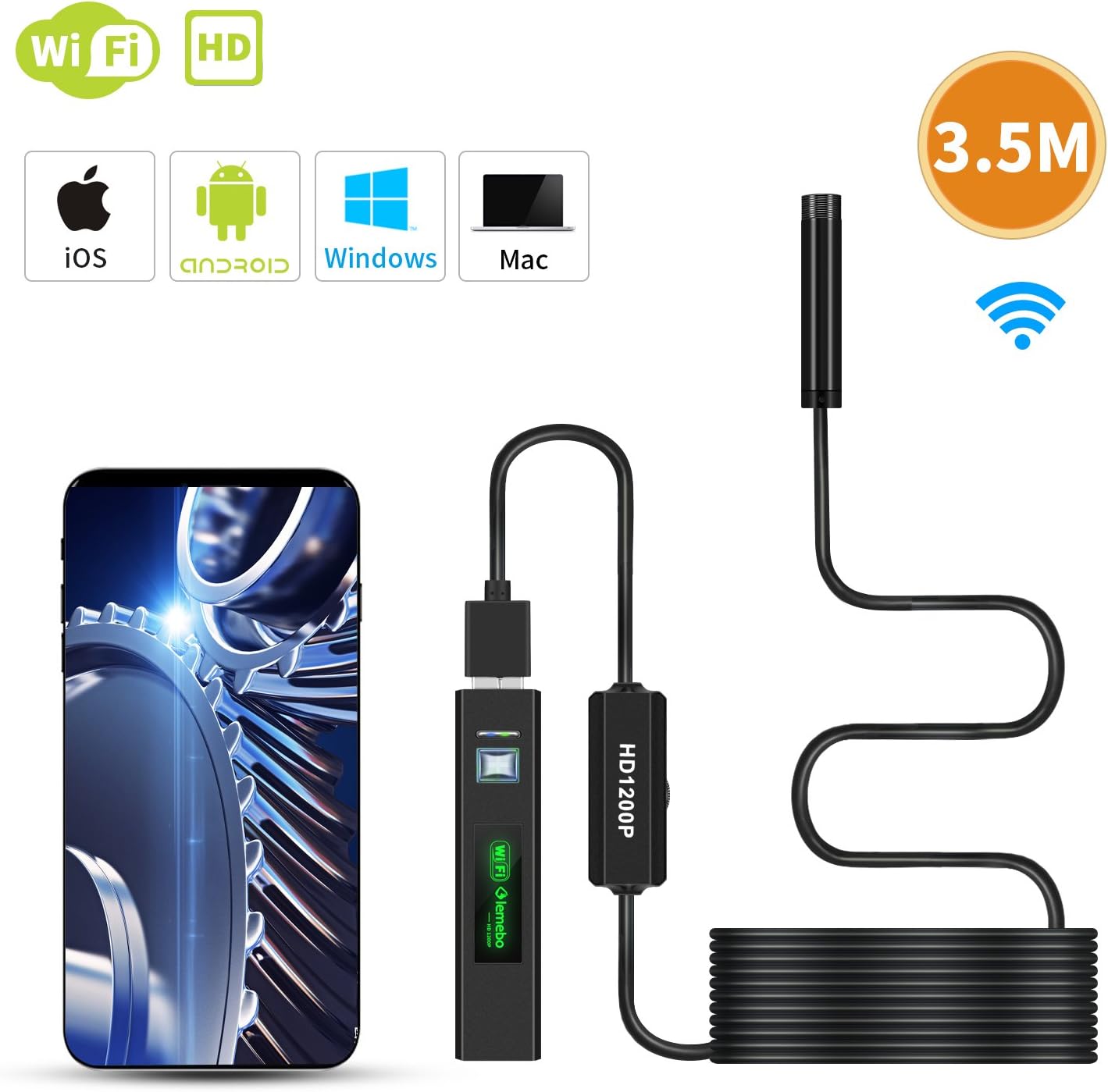 Wireless Endoscope, Lemebo WiFi Borescope Waterproof Inspection Camera 2.0 Megapixels 1200P HD Semi-rigid Snake Camera for Android and IOS Smartphone, Ipad, laptop, PC (3.5M)
