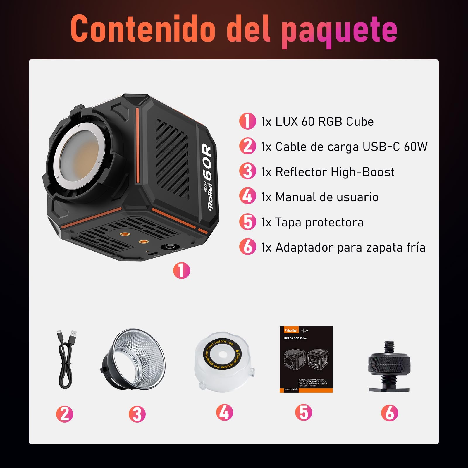 Rollei Lux 60 RGB Cube Foco Led Vídeo con Batería y Carga por DC/Tipo C | 60 W Luz Fotografía Ultra Compacto 911 g Iluminación Continua Control de App Candela, Foco-Luz-Led-Video-Fotografia