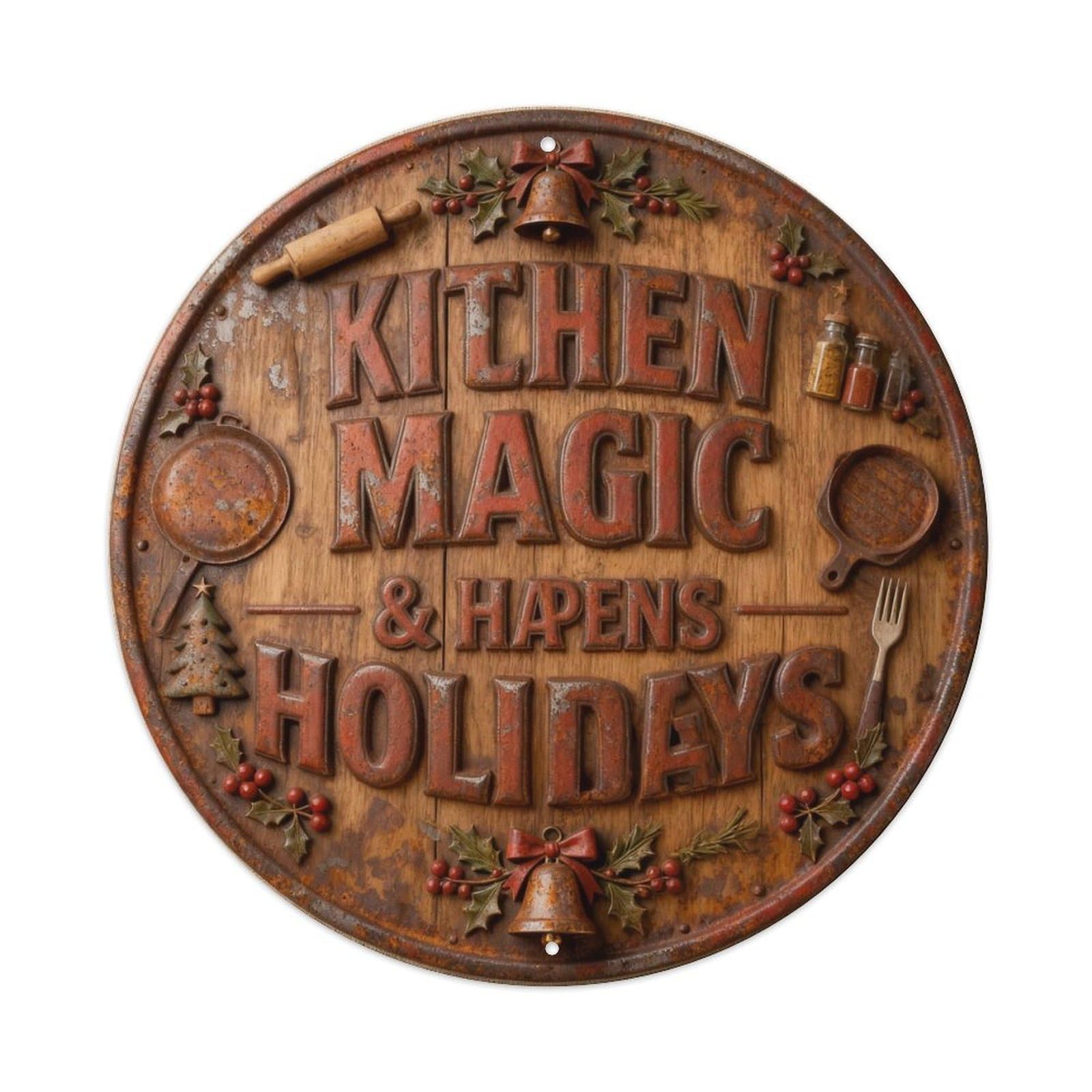 KITCHEN MAGIC HAPPENS HERE Metal Tin Sign Plaque