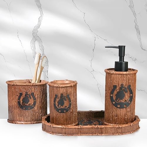 Miniatura 8 de Juego de accesorios de baño, 4 piezas, juego completo de accesorios de baño, decoración de herraduras rústicas occidentales, incluye dispensador de
