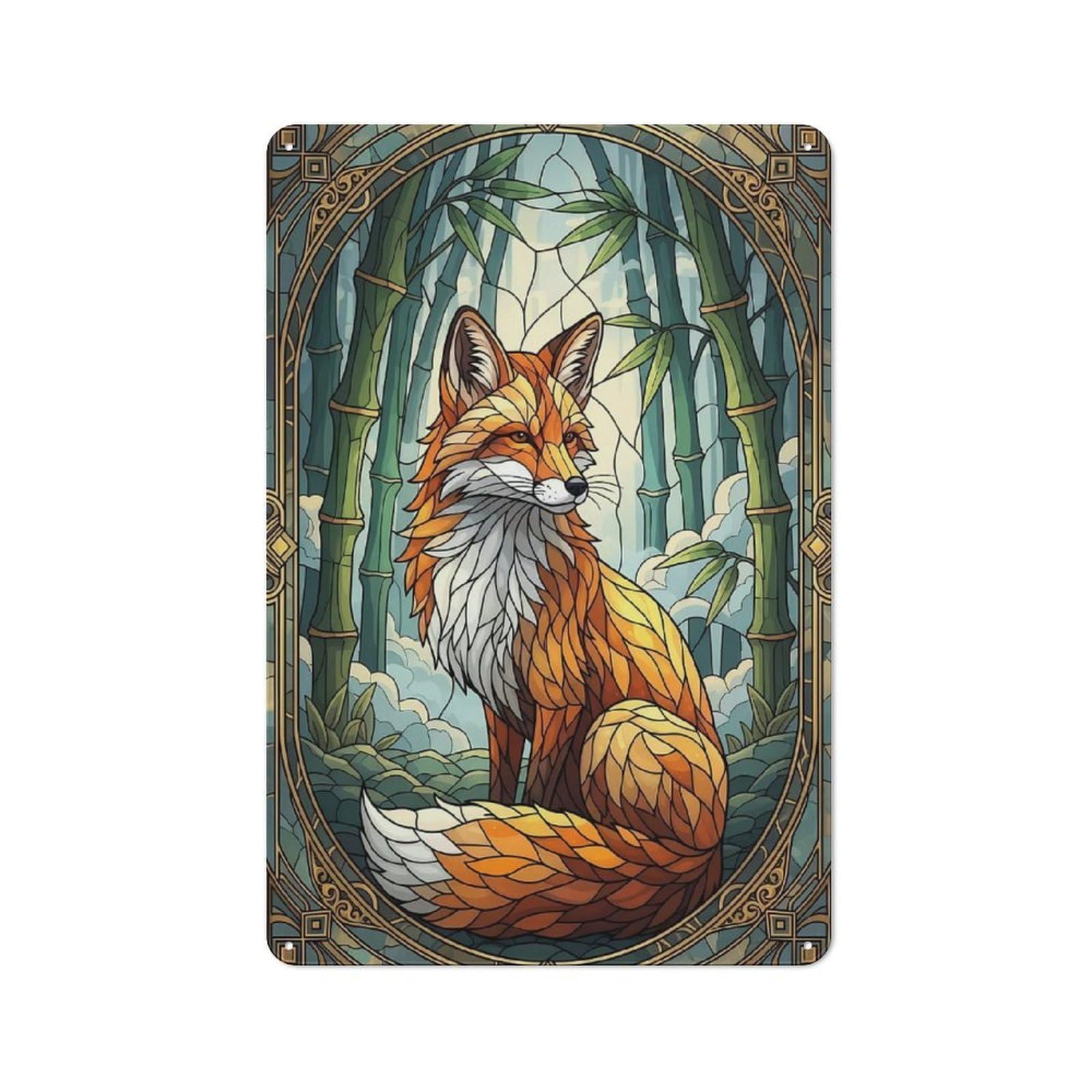 Junmoney Style-1 Metal Wall Sign 30X20cm Featuring Fox In Bamboo Forest Stained Glass For Café Or Home Bar, For Collectors Decorating Cafés And Home Bars