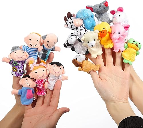 ThinkMax Juego de 16 marionetas suaves de felpa para dedos MANSA 10 animales 6 personas miembros de la familia juguetes lindos de terciopelo para