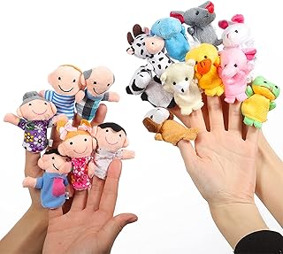 ThinkMax 16 Pack Soft Plush Finger Puppets Set - MANSA 10 Animals + 6 People Family Members Velvet Cute Toys for Children, Story Time, Shows, Playtime, Schools (16pcs)