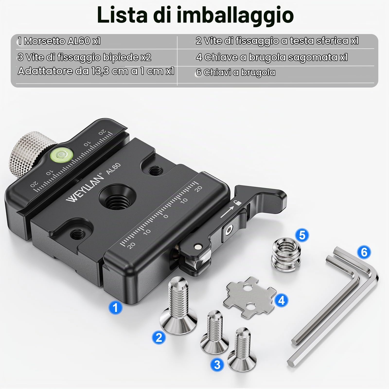 WEYLLAN AL60 Quick Release Plate Clamp, Morsetto per Piastra a Sgancio Rapido, Quick Release Clamp per Arca Swiss, Bloccaggio a Manopola e Bloccaggio a Leva