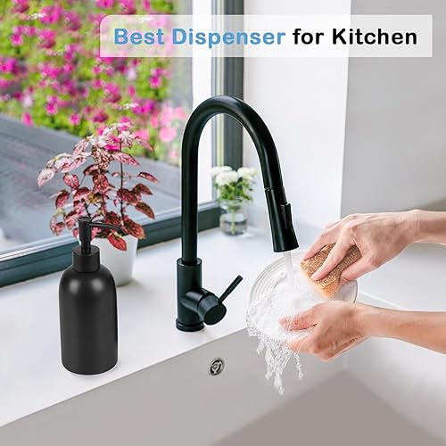 Miniatura 4 de Natheeph Dispensador de jabón de cerámica de 14 oz, dispensador de bomba de jabón de cerámica, puede llenar líquido para bañococina (negro)