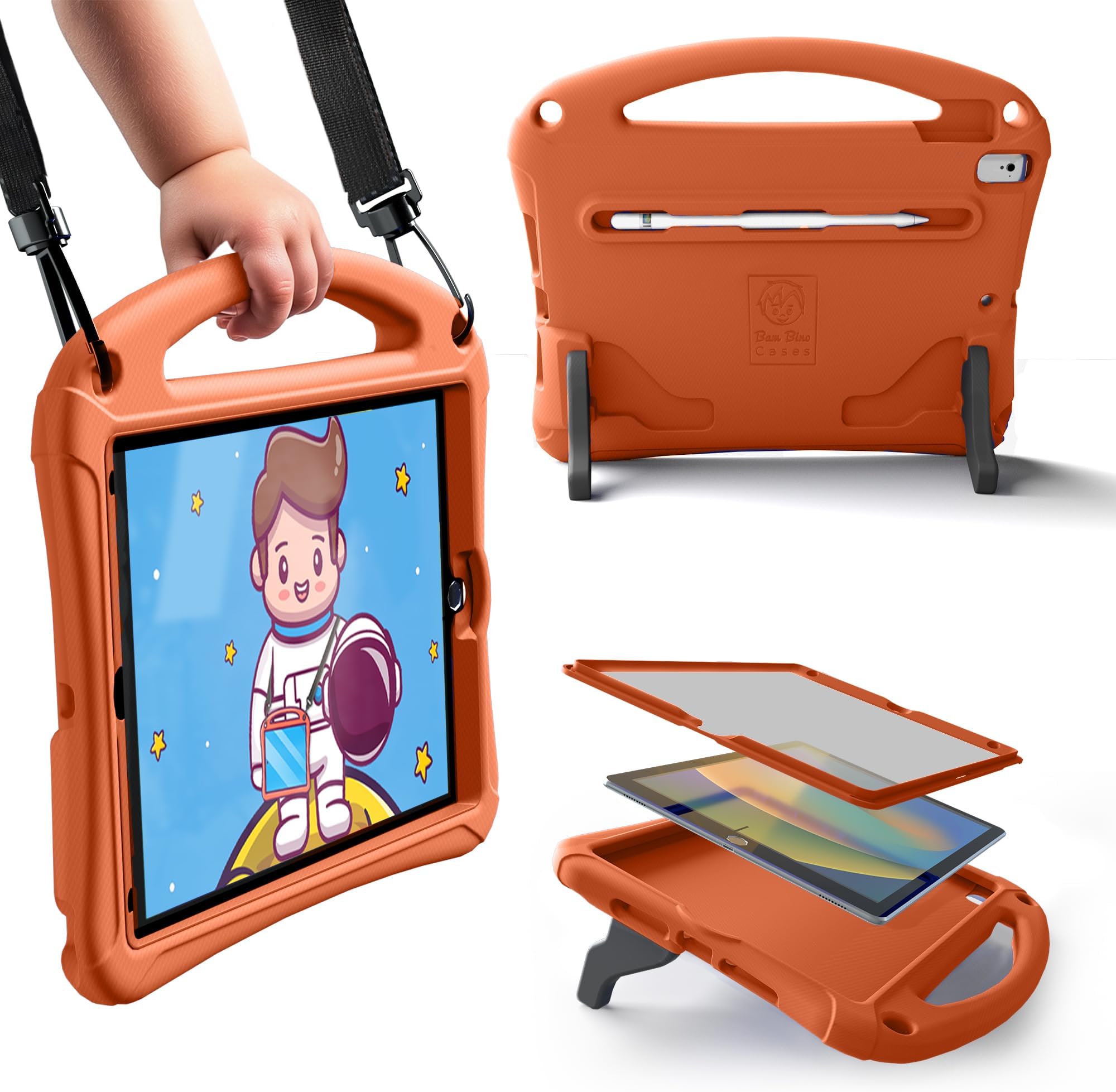 Bam Bino Space Suit iPad 9th Generation Case Kids, iPad 8th/7th/10.2 inch iPad Case for Kids | Lightweight Cover with Screen Protector, Handle, Stand, Shoulder Strap, Pencil Holder (Solar Tangerine)
