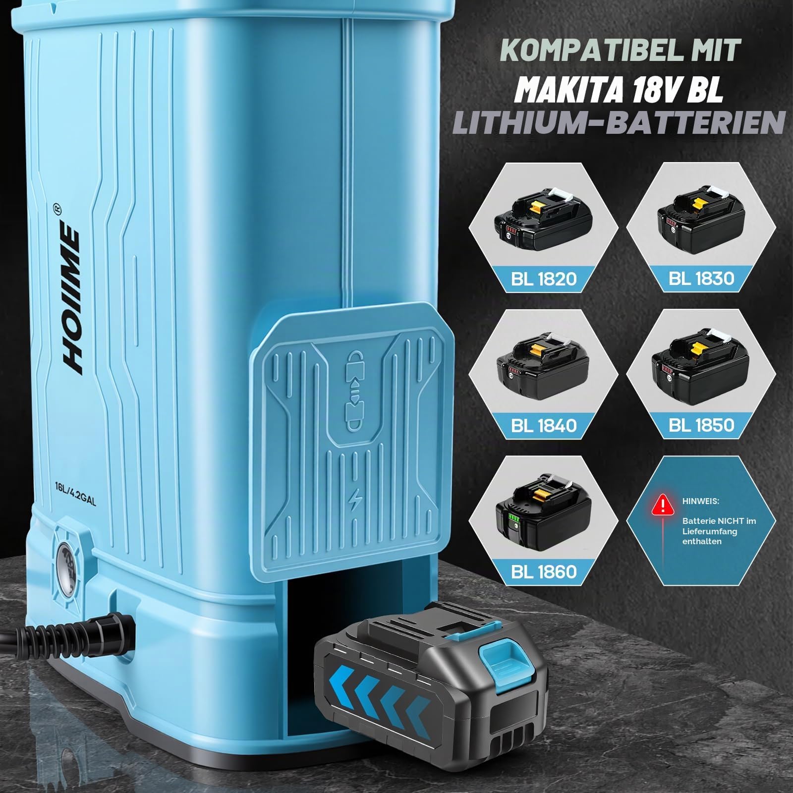 Akku Drucksprüher 16L Gartenspritze Sprühgerät, 7 Düsen Elektrischer Pflanzensprüher Sprinkler 100 PSI Einstellbare Sprühstärke, Kompatibel mit Maki-TA 18V Batterien (Keine Batterie)