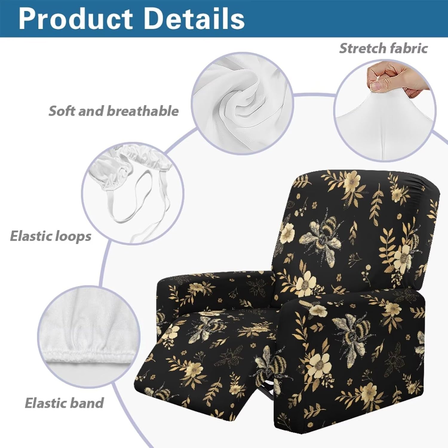 Bees Flower Print Recliner Slipcover Lazy Boy Recliner Chair Cover 4 Piece Stretch Reclining Couch Covers Anti Slip Reclining Covers with Pocket Furniture Protector for Dog Kids