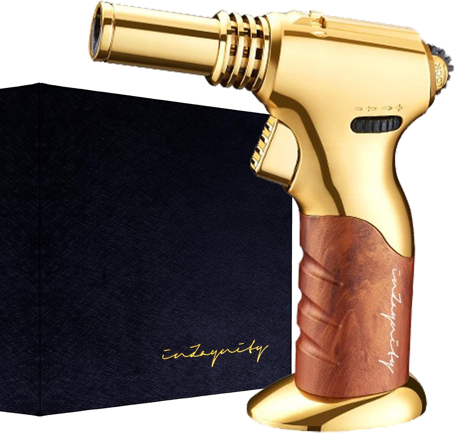 Dual Flame Butane Torch Gun – Refillable Handheld Mini Blow Torch for Cooking, Crème Brûlée, Welding, Soldering, Resin Art – Adjustable Flame & Ignition Lock–Limited Gold Brown by inZaynity