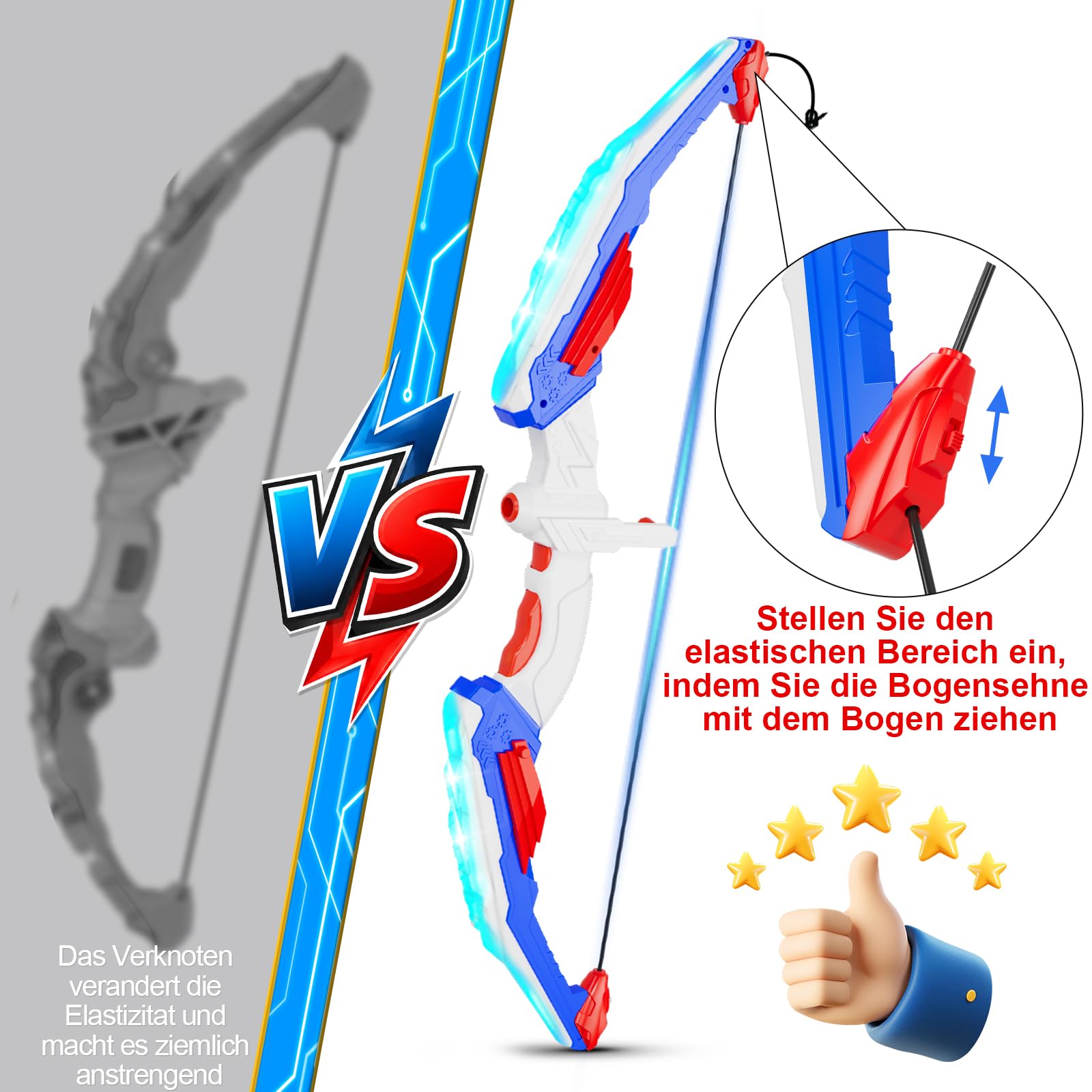 Led Licht Pfeil und Bogen Set mit Verstellbarer Bowstring für Kinder | ﻿ Bogenschießen Spielzeug mit 2 Zielscheibe 10 Saugnapfpfeile und Köcher Jardin Outdoor Spiele Geschenk für Jungen ab 3-12