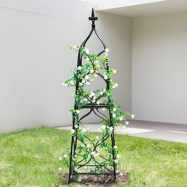 GOOOXIM Obelisk Trellis for Garden - 38.3" x 10.03" Durable Metal Climbing Support for Roses, Vines & Flowers | Elegant Black Design with Decorative Top & Hollow Sides
