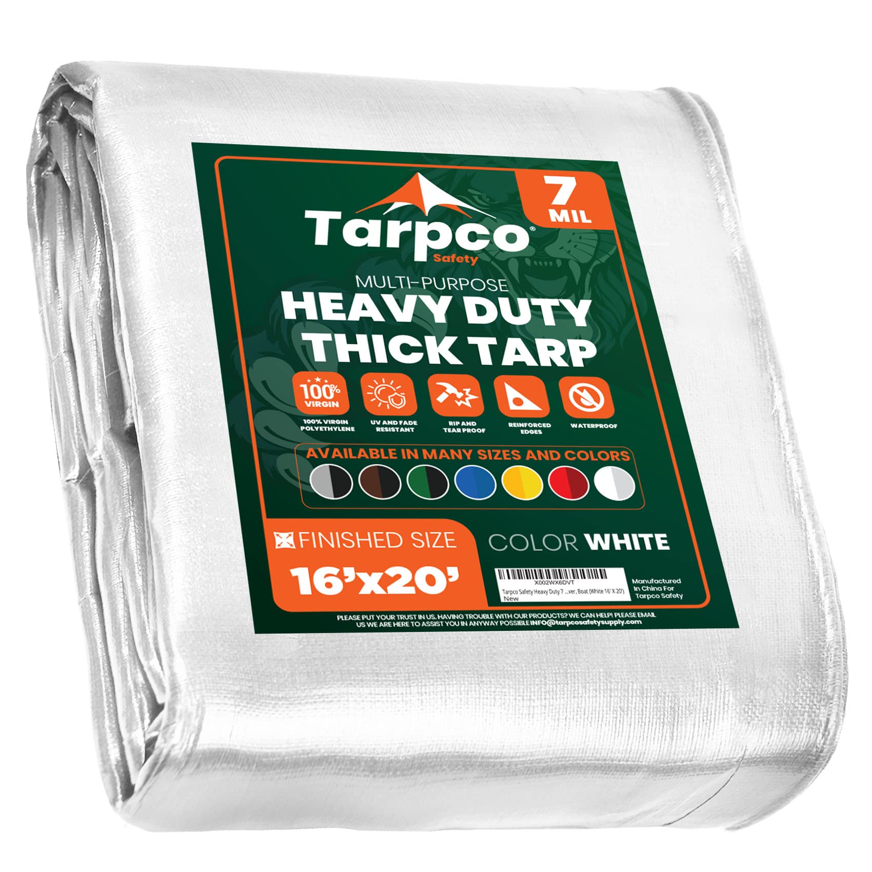 Tarpco Safety Heavy Duty 7 Mil Tarp Cover, Waterproof, UV Resistant, Rip and Tear Proof, Poly Tarpaulin with Reinforced Edges for Roof, Camping, Patio, Pool Cover, Boat (White 16′ X 20′)