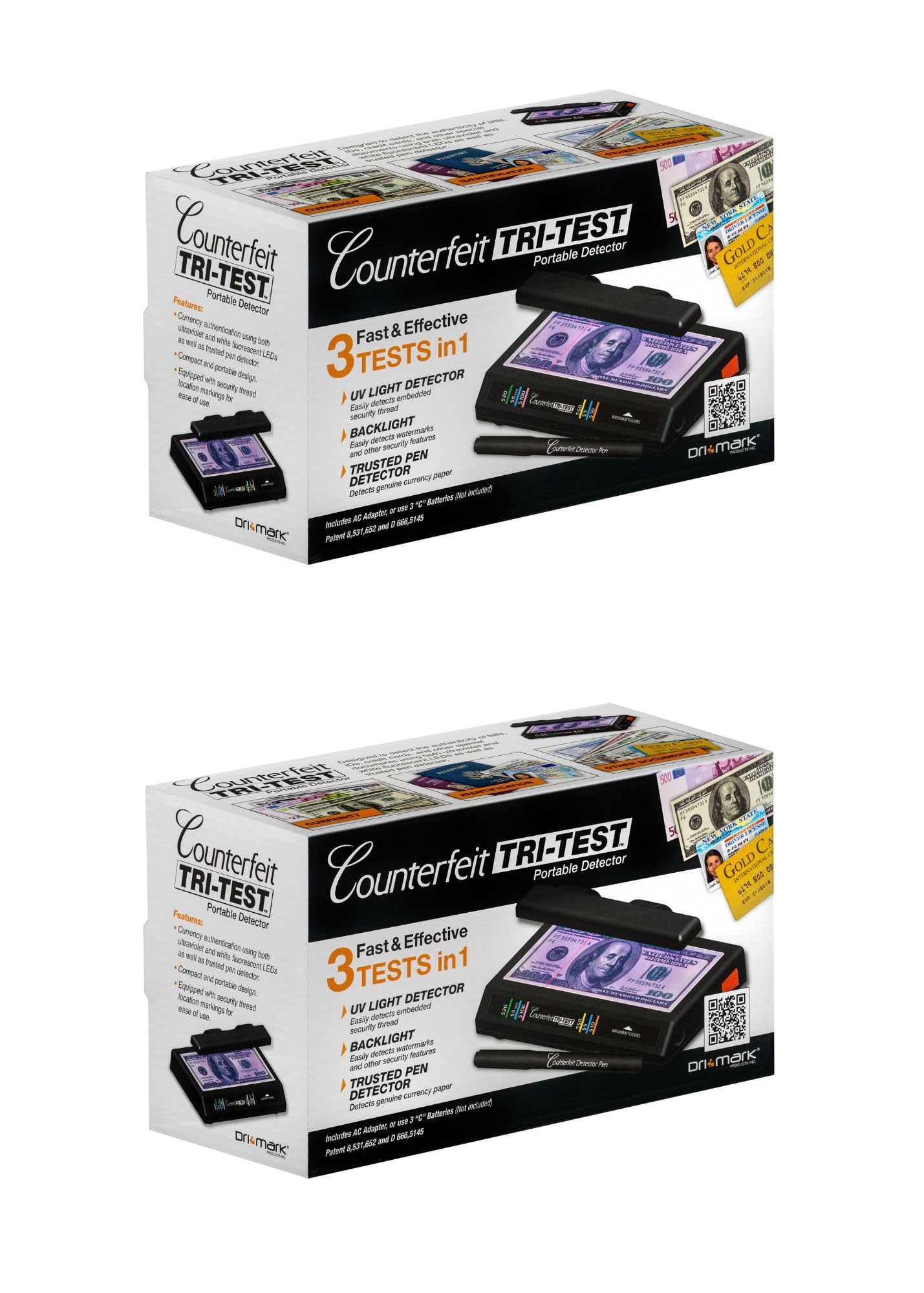 Dri Mark Tri Test 2.0 Counterfeit Bill Detector Machine w/AC Adapter - 2 Pack - 3 Tests in 1 - Paper, Security Strip and Watermark Tests, Accurate