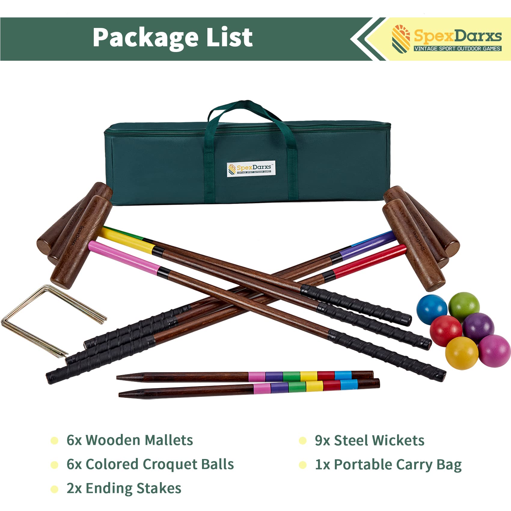 SpexDarxs Six Player Croquet Sets, 35’’ Croquet Set with Premium Wooden Mallets|Colored Balls|Wickets|Stakes| Carrying Bag, Lawn Croquet Game for Kids Adult Family