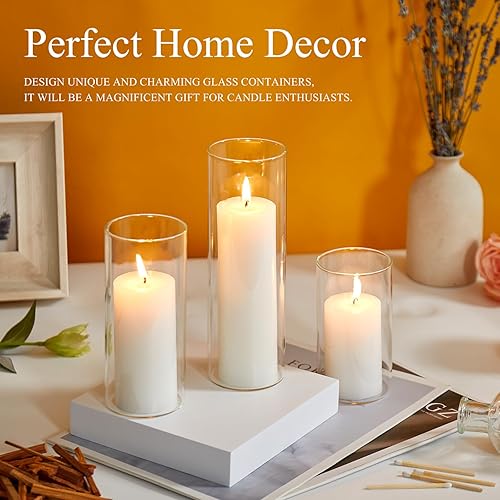 Miniatura 5 de Juego de 6 velas de pilar blancas con soportes de vidrio transparente para huracanes, elegantes jarrones cilíndricos para bodas, fiestas, centros de