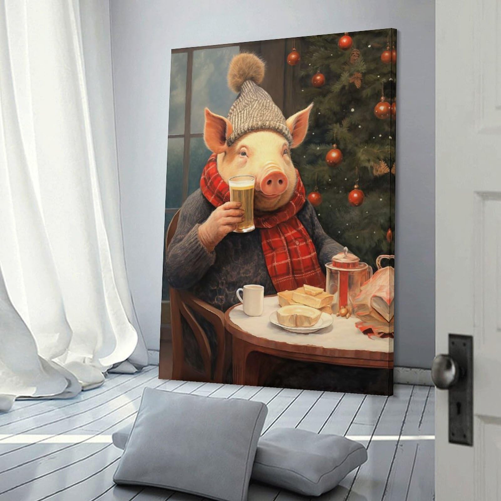 Junmoney Festive Pig with Beer Room Decor Wall Art, 20x30inch(50x75cm), for Front Hall, Corridor Or Welcome Spaces, A Neat Decor Update for Hallways