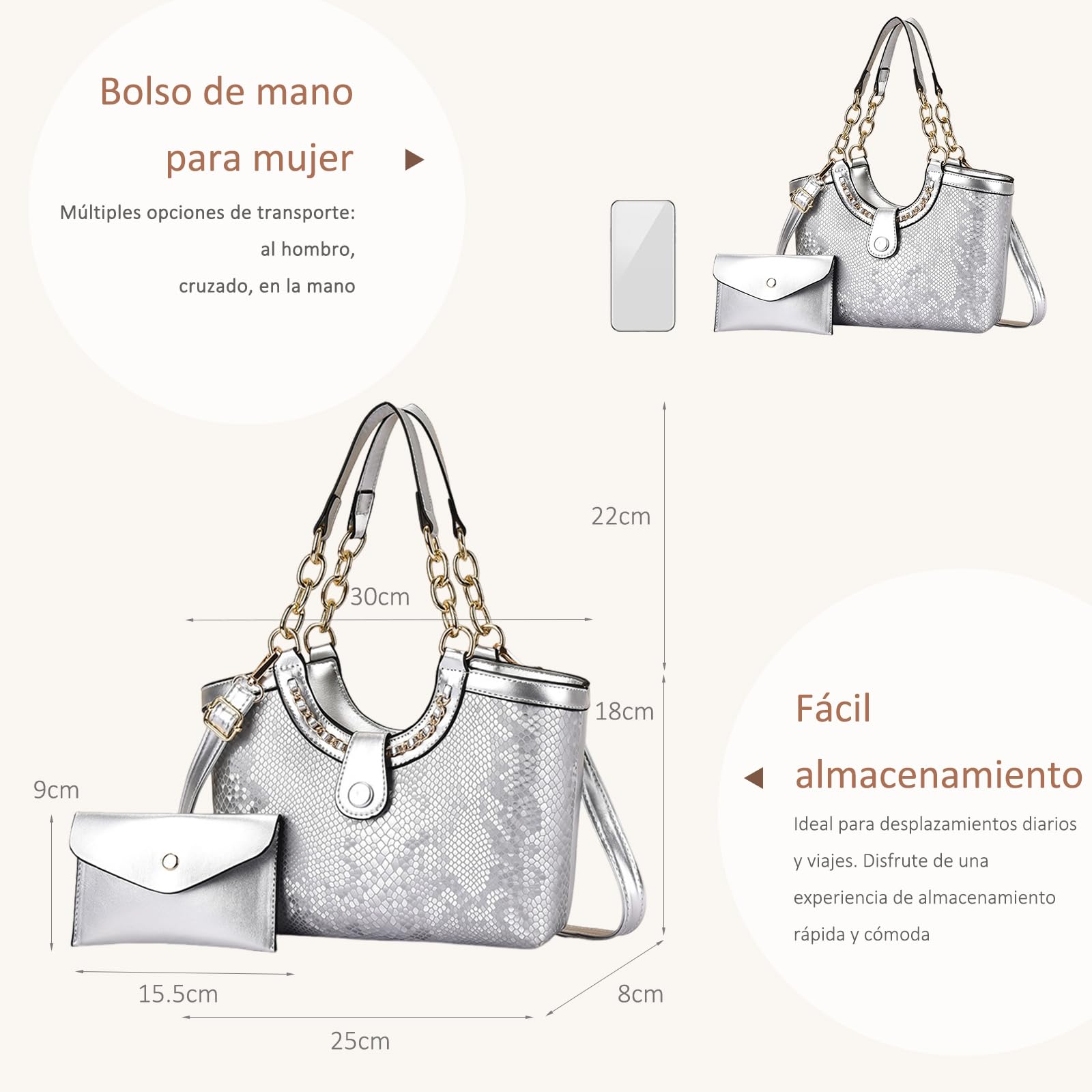 NICOLE & DORIS Bolso Shopper Mujer Bolso de Mano con Monedero Bolso Bandolera Grande Cuero PU Bolso de Hombro para Viajes Compras Trabajo Plateado