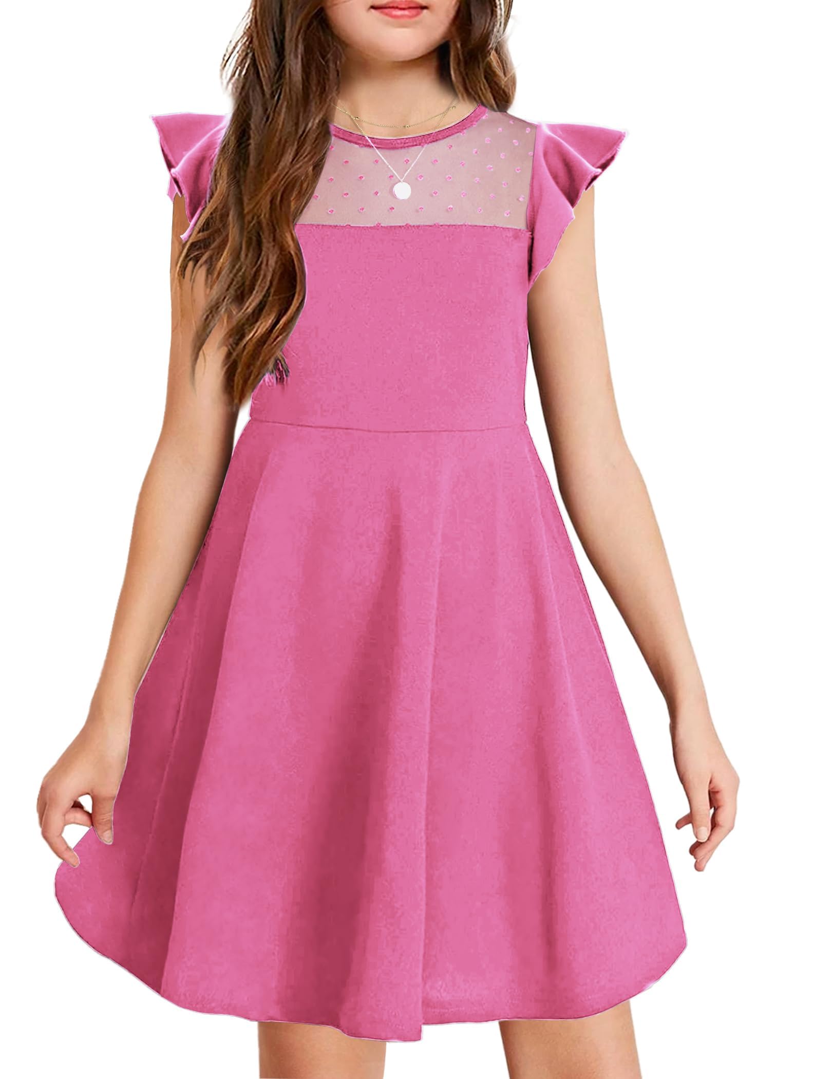 Arshiner Mädchen Kleid Sommerkleid Rüschen Kurzärmel Mesh A Line Casual Partykleider mit Taschen Kinder Kleider für 6-13 Jahre