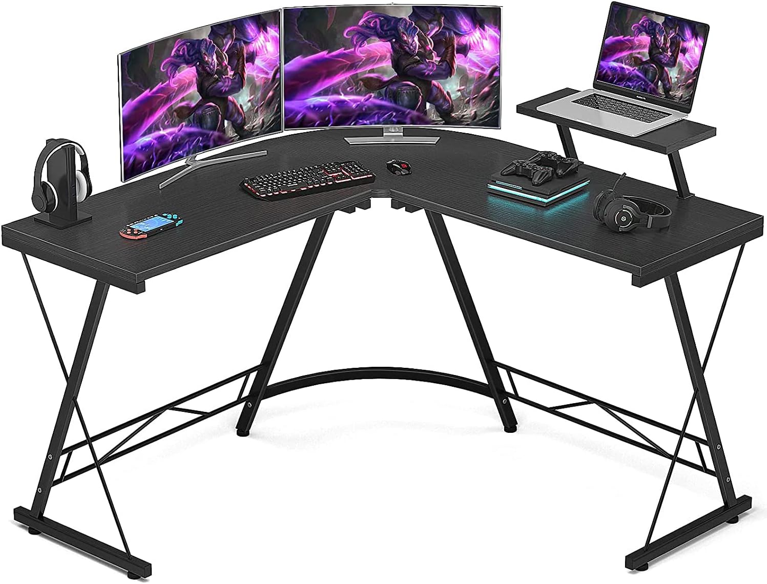 L Shaped Gaming Desk 130cm Computer Corner Desk, Gaming Table with Large Monitor Stand for Home Office, Sturdy Writing Workstation, Gaming Desk with Shelf,Space-Saving, Black