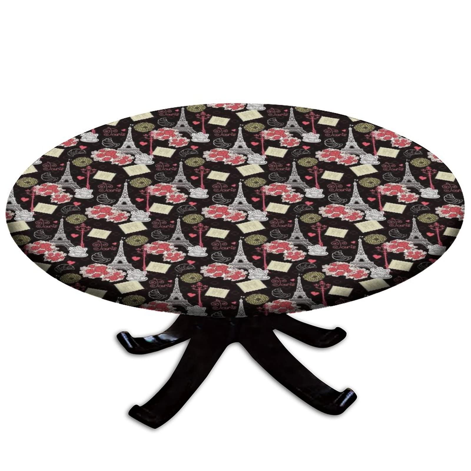 Vintage Paris Fitted Round Tablecloths, Elastic Edged Waterproof Table Covers,Outdoor Indoor Table Decor, for Party Kitchen Patio Restaurant Farm Table Cloth Mat,Fit for 28" Table