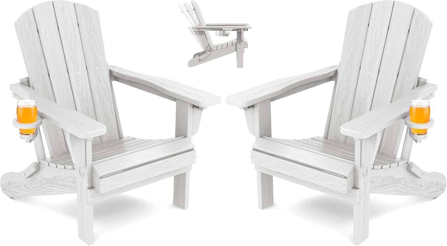 SERWALL Folding Reclining Adirondack Chairs Set of 2 with Cup Holders, 3 Positions, HDPE All-Weather Outdoor Patio Chairs, White - 350 lbs Capacity