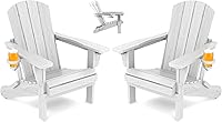 SERWALL Folding Reclining Adirondack Chairs Set of 2 with Cup Holders, 3 Positions, HDPE All-Weather Outdoor Patio Chairs, White - 350 lbs Capacity