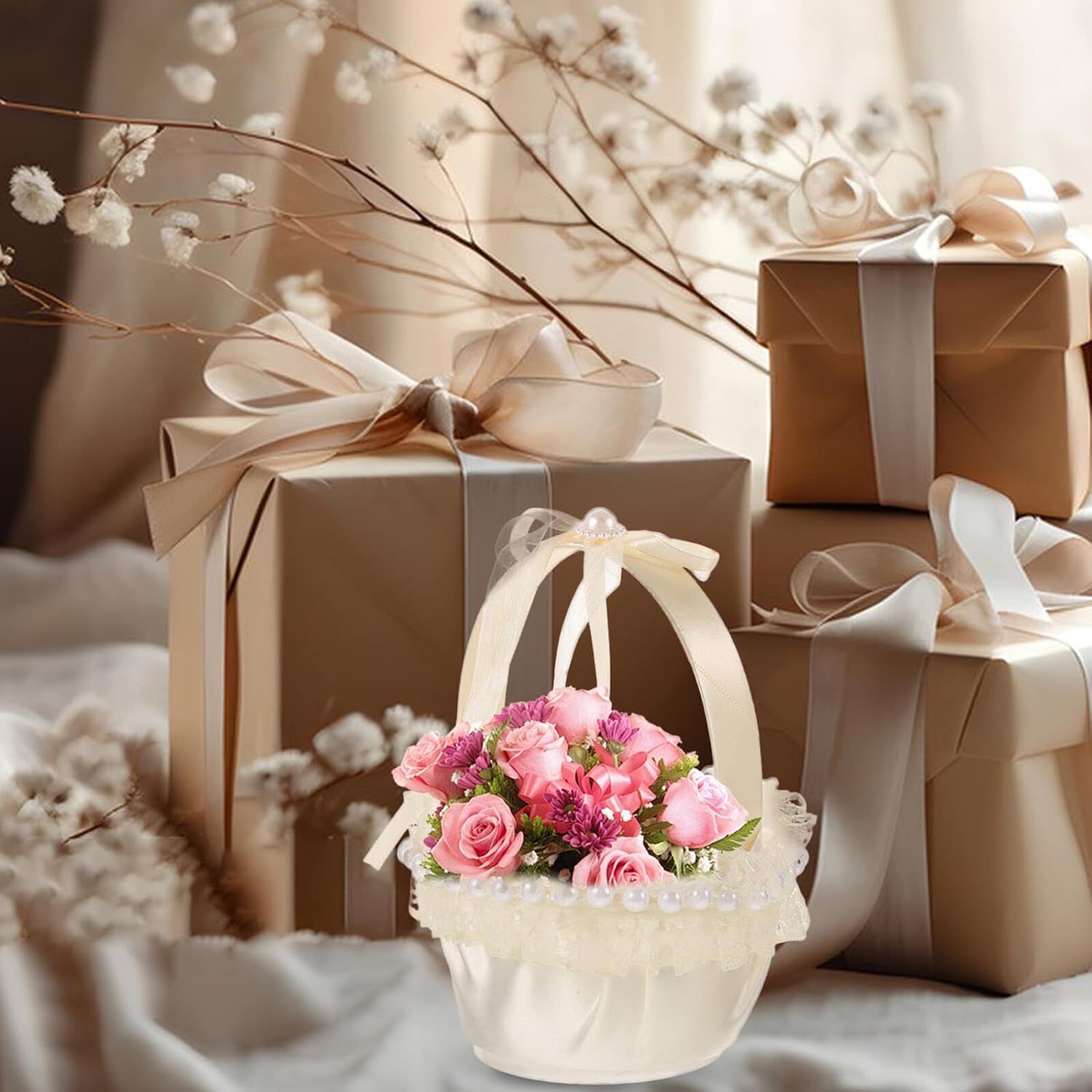 Milisten Small Flower Girl Basket White Fabric Wedding Basket with Ribbon Bow Rustic Wedding for Outdoor Ceremony and Flower
