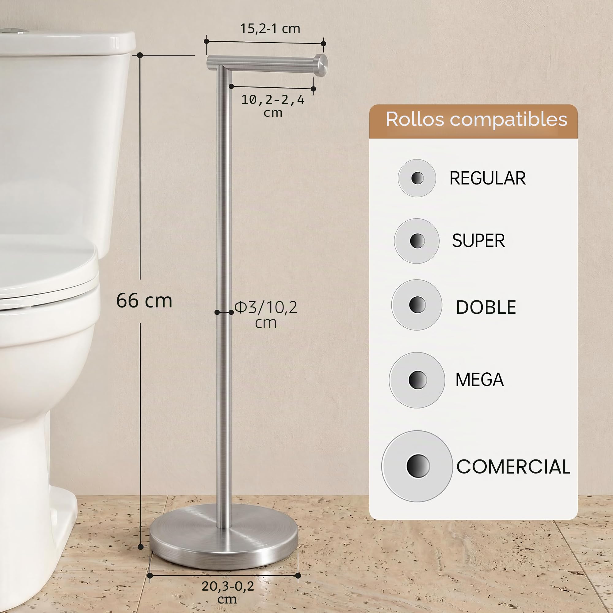 KES Portarrollos de Papel Higiénico 65 CM (Versión Alta), Portarrollos de Papel Higiénico Resistente con Base para Baño, Acabado Cepillado en Acero Inoxidable SUS304, BPH283S66-2