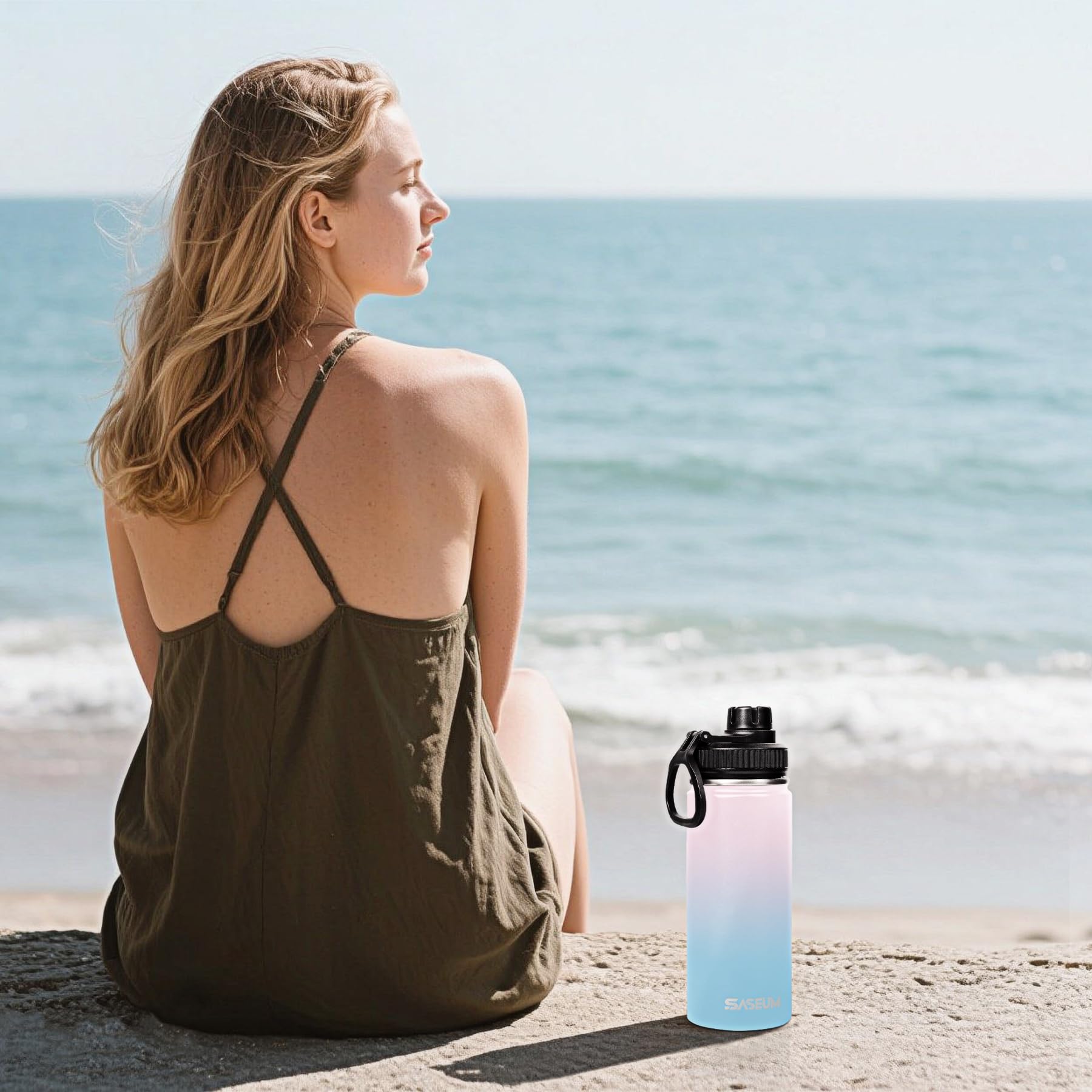 SASEUM Botella de agua deportiva de acero inoxidable de 18 onzas, taza térmica al vacío de doble pared con tapas de boquilla a prueba de fugas, jarra de agua aislada de metal de boca ancha para